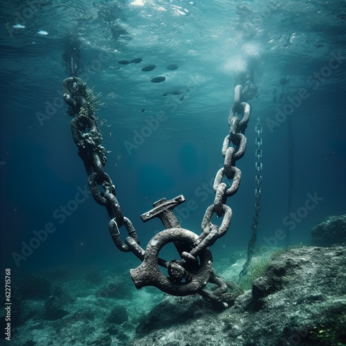 A rusted anchor and chain dragging along the ocean floor. Great for stories on pirates  maritime adventure  salvage  shipwrecks  ocean exploration and more.