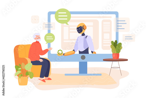 Old man sitting in chair and talking to chatbot on monitor. Comic robot ir cyborg on huge screen giving gear to elderly person vector illustration. Senior life, technology, assistance concept