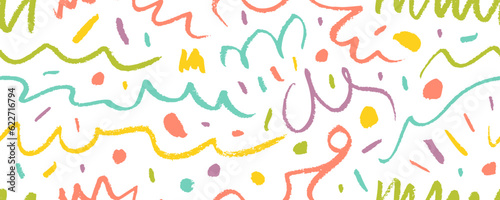 Fun colorful squiggle line doodle seamless banner. Childish multi colored charcoal or crayon drawing. Creative abstract squiggle drawing pattern for kids. Scribble wallpaper with curved lines and dots