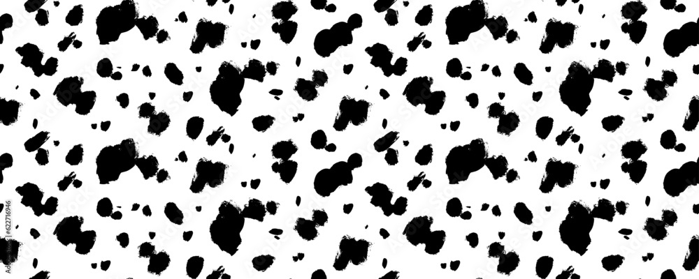Dalmatian animal fur seamless pattern. Brush drawn spot background. Simple irregular geometric design. Vector ink dot seamless banner. Cow texture pattern. Random bovine spots or blots.