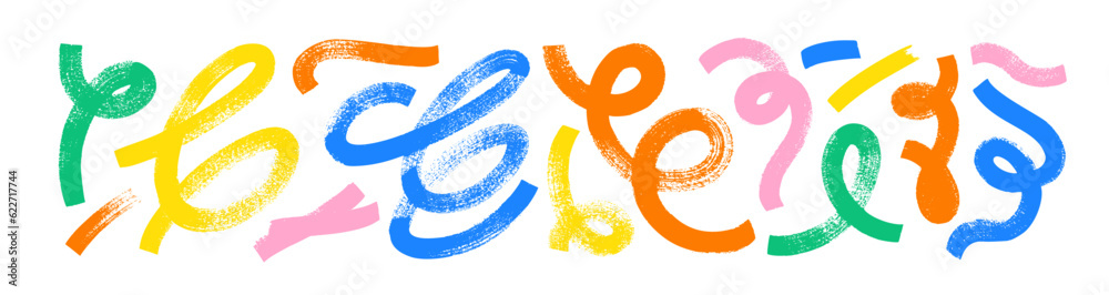 Collection colorful bold curved lines with loops isolated on white. Hand drawn bold grunge wavy and swirled brush strokes. Simple childish vector scribbles and squiggles. Creative trendy style design.