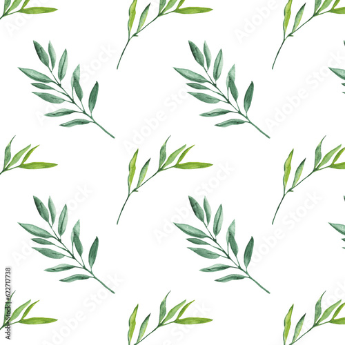 Seamless pattern green leaves trees  foliage of natural branches  green leaves  herbs  tropical plants hand drawn watercolor on white background.