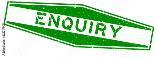 Grunge green enquiry word hexagon rubber seal stamp on white background