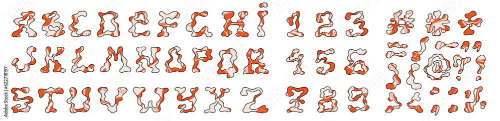 Melted alphabet, numbers, and symbols. Set of funky letters. Vector. Melted alphabet, numbers, and symbols. Set of funky letters. Vector.