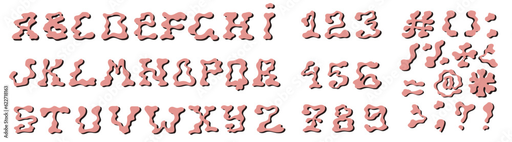 Melted alphabet, numbers, and symbols. Set of funky letters. Vector. Melted alphabet, numbers, and symbols. Set of funky letters. Vector.