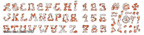 Melted alphabet, numbers, and symbols. Set of funky letters. Vector.