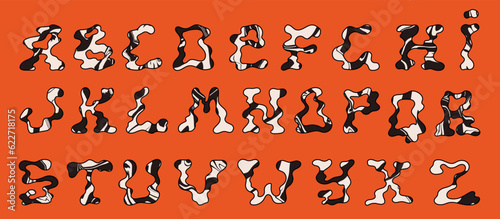 Melted alphabet, numbers, and symbols. Set of funky letters. Vector.