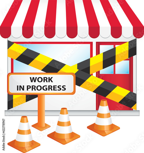 Store under construction. Cones and road sign. Vector illustration.