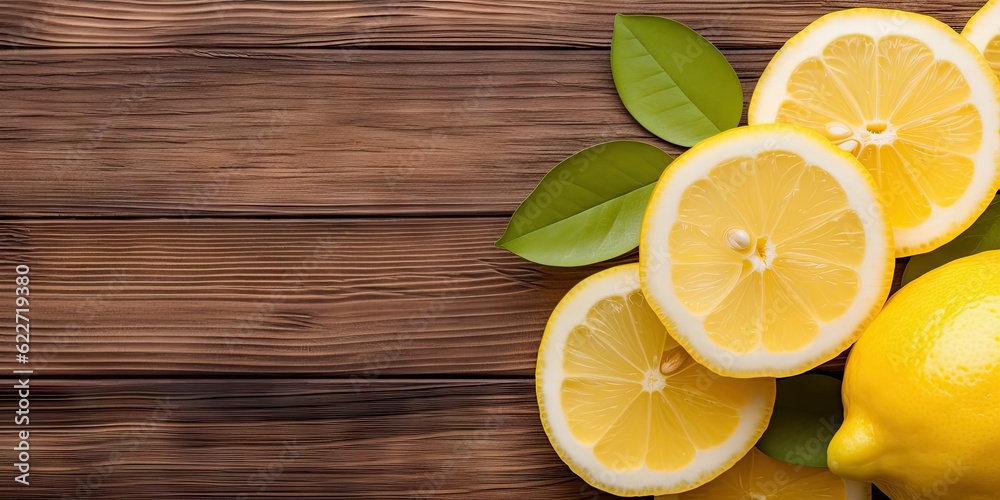 Citrus refreshment. Closeup of top view of fresh fruit and lemon slice on a wooden table with copy space Citrus refreshment. Closeup of top view of fresh fruit and lemon slice on a wooden table with copy space