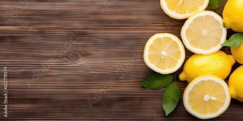 Citrus refreshment. Closeup of top view of fresh fruit and lemon slice on a wooden table with copy space