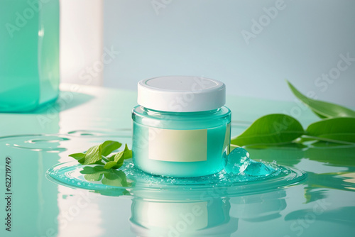 3D realistic skincare cream, luxury cosmetic jar, beauty cosmetic product poster with water droplets and green leaf on white background.