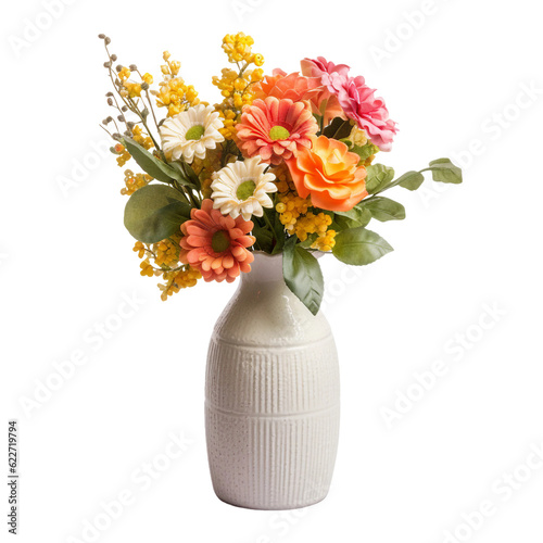 Vase with artificial flowers. isolated object, transparent background