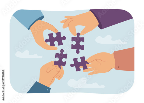 Hands holding puzzle pieces vector illustration. Friends or coworkers solving puzzle, working together in team and supporting each other. Unity, togetherness, teamwork concept