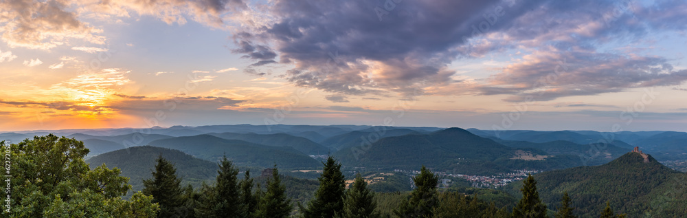 Panorama of Palatinate Forest during Sunset with Trifels Castle seen from Rehbergturm, Rhineland-Palatinate, Germany, Europe