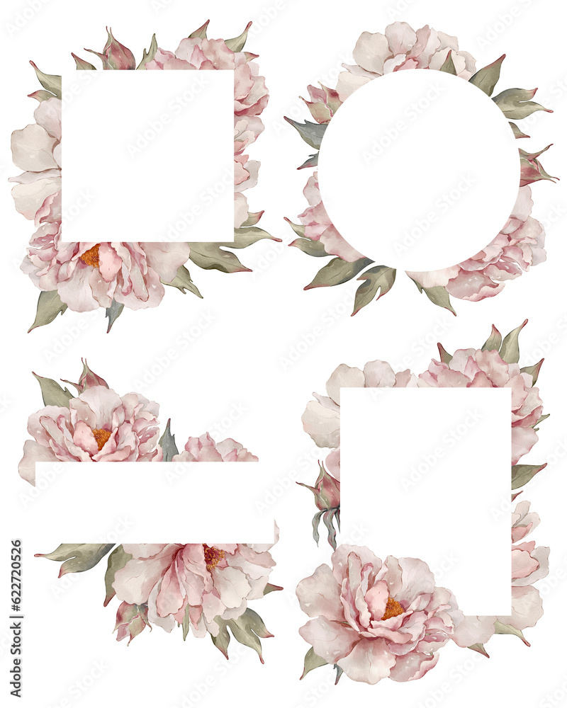 Peonies frames templates. Borders bundle. Watercolor frames clipart ...