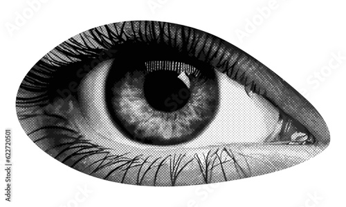 eye isolated with female eyelashes iris pupil eyelid in retro halftone dotted texture collage elements for mixed media design
