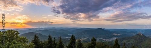 Panorama of Palatinate Forest during Sunset with Trifels Castle seen from Rehbergturm, Rhineland-Palatinate, Germany, Europe
