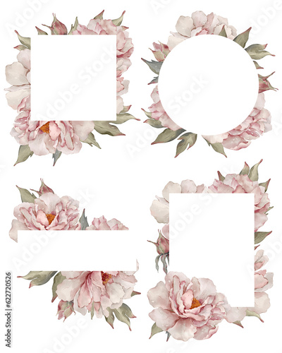 Peonies frames templates. Borders bundle. Watercolor frames clipart with flowers. Transparent background