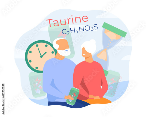 Happy elderly couple with energy drink containing taurine. Old man and woman slowing down ageing process by taking taurine vector illustration. Healthcare, ageing, senior life concept