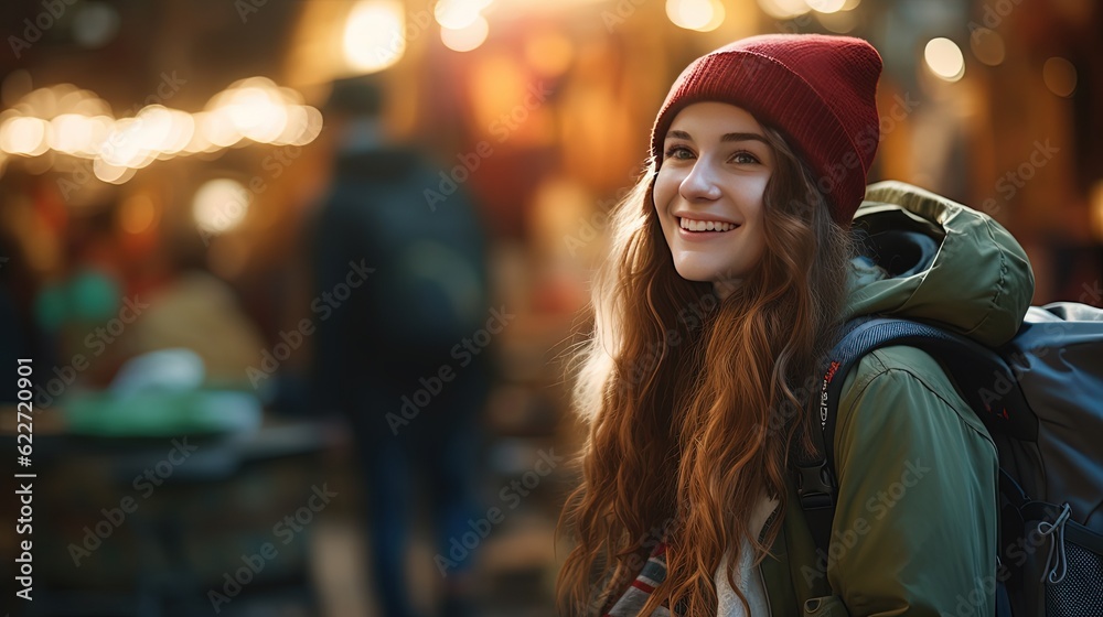 happy girl walking in shopping street, generative Ai