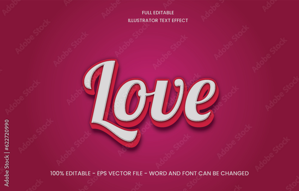 Editable 3D text effect in bold pink color love word vector art. Eye-catching and versatile design for creative projects.