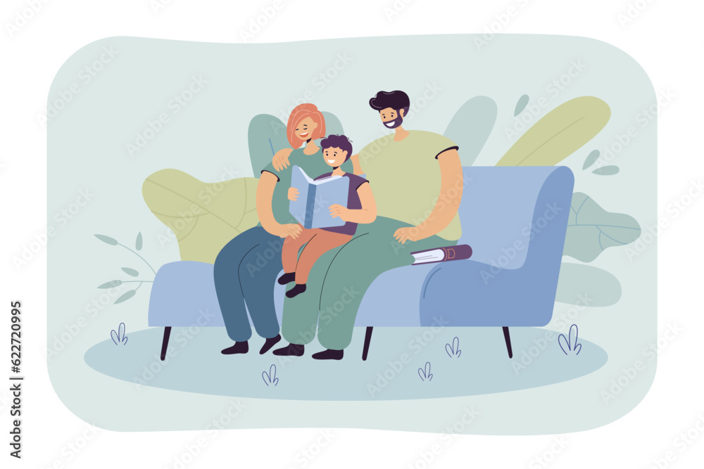 Family reading fairy tales together vector illustration. Parents teaching son to read, cuddling on couch with book and having fun together at home. Family reunion, quality time, education concept Family reading fairy tales together vector illustration. Parents teaching son to read, cuddling on couch with book and having fun together at home. Family reunion, quality time, education concept