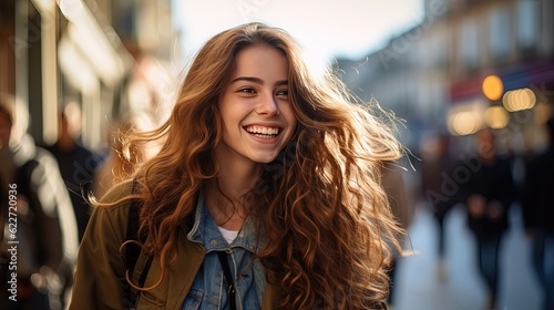 happy girl walking in shopping street, generative Ai photo