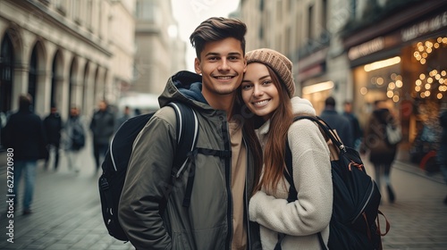happy man and woman lover couple with cityscape background, couple travel, Generative Ai