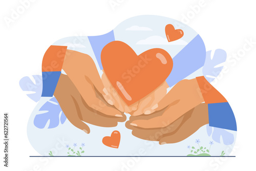 Hands holding heart together vector illustration. Multiracial parents and child supporting and helping each other, showing love and affection. Family, interracial marriage concept