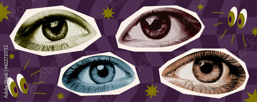 eyes isolated set collage elements for mixed media design with eyelashes iris pupil eyelid in halftone texture vintage dotted pop art style retro grunge punk crazy concept template