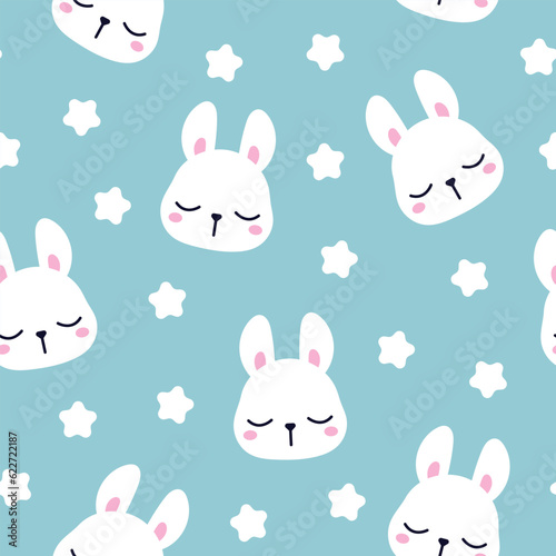 Vector cute bunny pattern. Cartoon blue baby print pattern illustration.