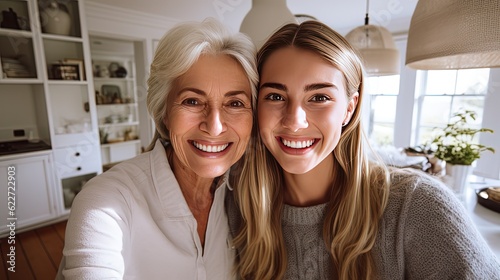 happy mother and daughter taking photo together in home, Generative Ai photo