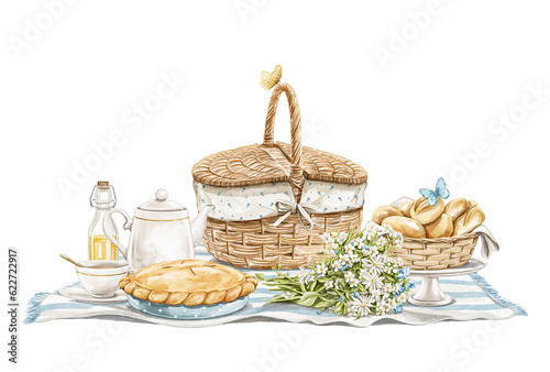 Watercolor vintage summer composition with vintage wicker picnic basket, pie, teapot, cup, buns and bouquet on blanket isolated on white background. Hand drawn illustration sketch