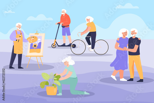 Elderly people doing different activities vector illustration. Cartoon drawing of old men and women painting, cycling, gardening, dancing. Senior life, hobby, leisure, creativity concept