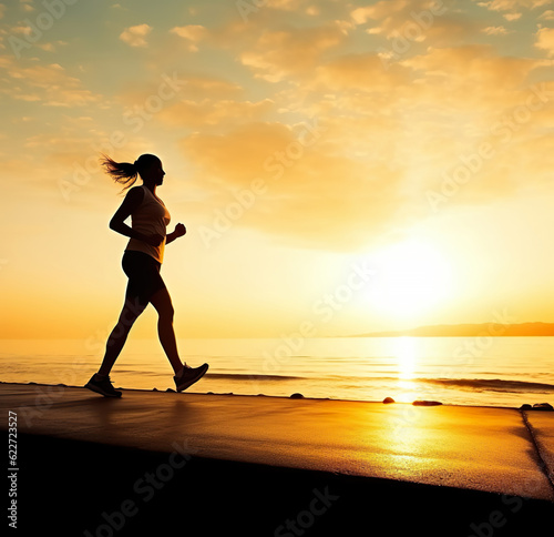 Silhouette woman fitness jogging along sunrise seaside