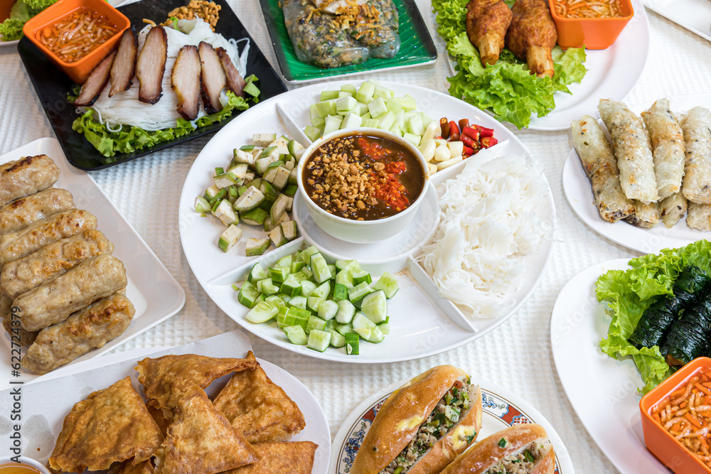 Assorted asian dinner, vietnamese food. Pho ga, pho bo, noodles, spring rolls, Nham due