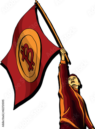 Illustration of a person with a flag, A man holding the Bitcoin flag, the future of money (ID: 622724345)
