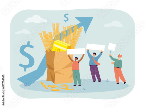 Manufacturers protesting against price rise vector illustration. Bag of pasta with cost increase chart, people going on strike. National pasta strike, rising inflation, activism concept