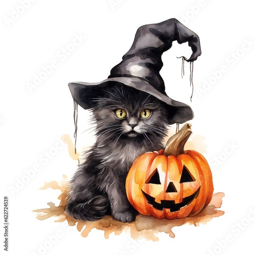 Watercolor black Halloween cat with hat and pumpkin on white background Generative AI  © LayerAce.com
