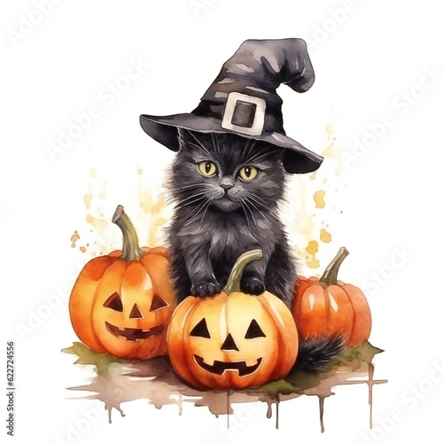 Watercolor black Halloween cat with hat and pumpkin on white background Generative AI  © LayerAce.com