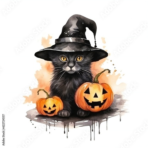 Watercolor black Halloween cat with hat and pumpkin on white background Generative AI 