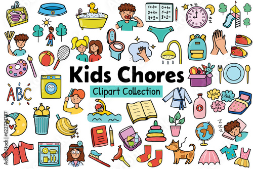 Kids chores clipart collection. Daily routine icons set. Tasks stickers for creating reward chart. Vector illustration photo