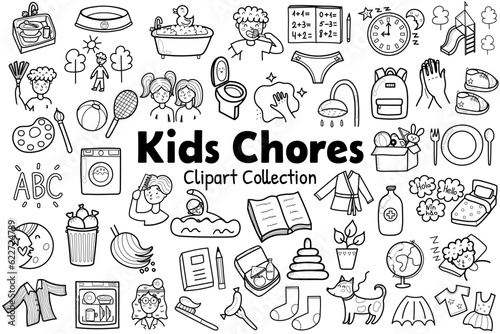 Kids chores clipart collection in outline. Black and white daily routine icons set. Tasks stickers for creating reward chart. Vector illustration photo