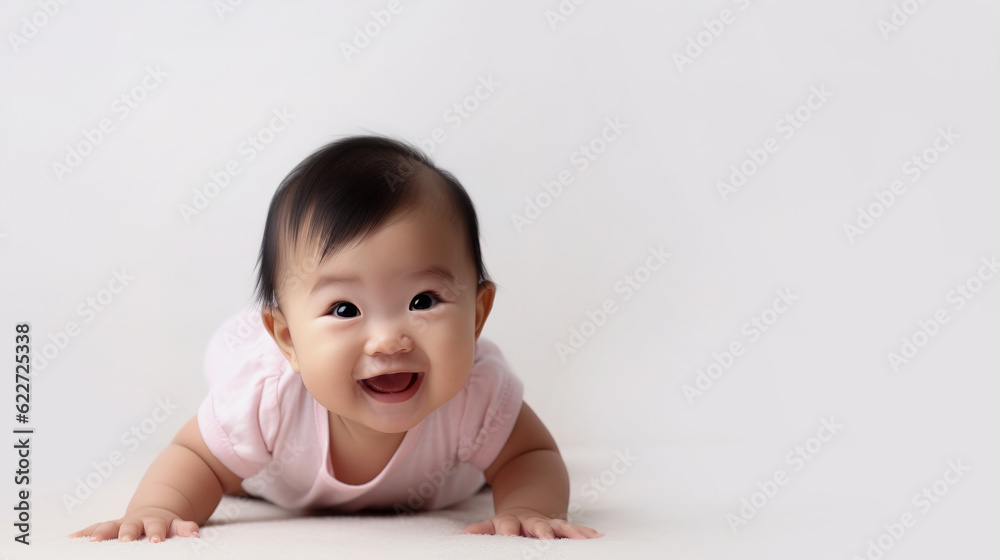 A smiling newborn baby crawls on a light background. Banner. Copy space. AI generation A smiling newborn baby crawls on a light background. Banner. Copy space. AI generation