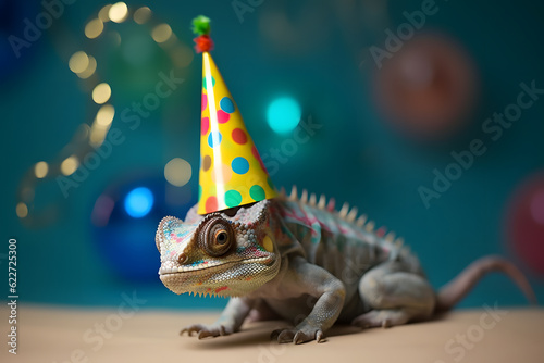 Funny and friendly cute chameleon wearing a birthday party hat in studio, on a vibrant, colorful background. Generative AI