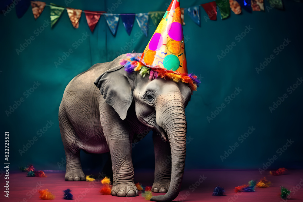 Funny and friendly cute elephant wearing a brithday party hat in studio, on a vibrant, colorful background. Generative AI