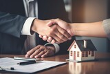 Real estate agent shaking hands with home buyer after signing the contract, handshake, mortgage, home loan, realty, business deal. Generative AI