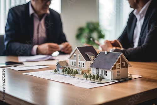 Real estate agent showing house model to customer after signing agreement contract, home owner, mortgage, home loan, realty. Generative AI