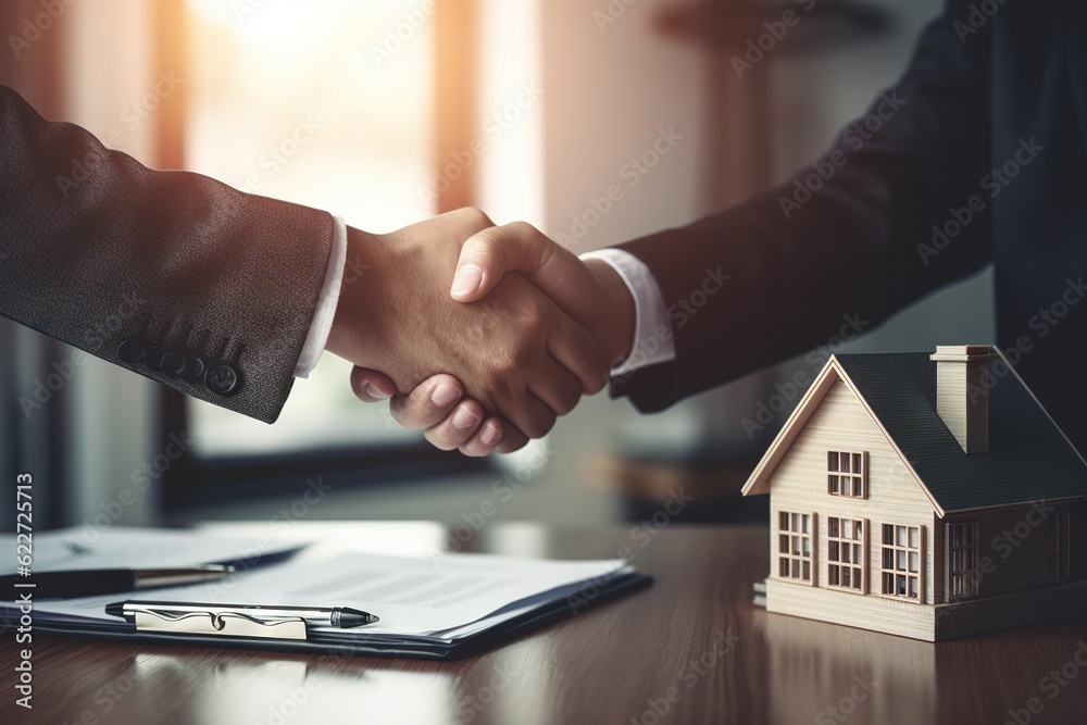 Real estate agent shaking hands with home buyer after signing the contract, handshake, mortgage, home loan, realty, business deal. Generative AI
