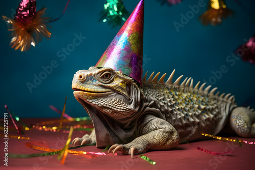 Funny and friendly cute iguana wearing a birthday party hat in studio  on a vibrant  colorful background. Generative AI